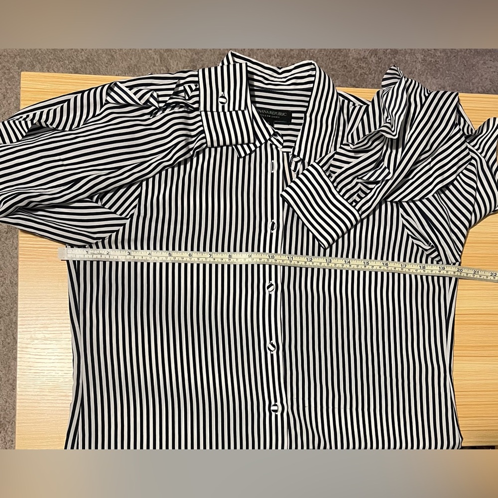 Banana Republic Dillon Black Blouse White Vertical Stripe Button Down Ruffle Top - Picture 8 of 13